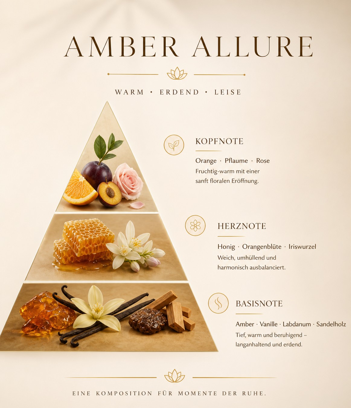 Duftpyramide Amber Allure mit Kopf-, Herz- und Basisnoten